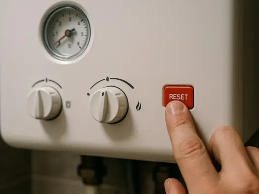 Palec naciska czerwony przycisk RESET na piecu gazowym. Dowiedz się, jak zresetować piec gazowy, gdy wystąpi problem.
