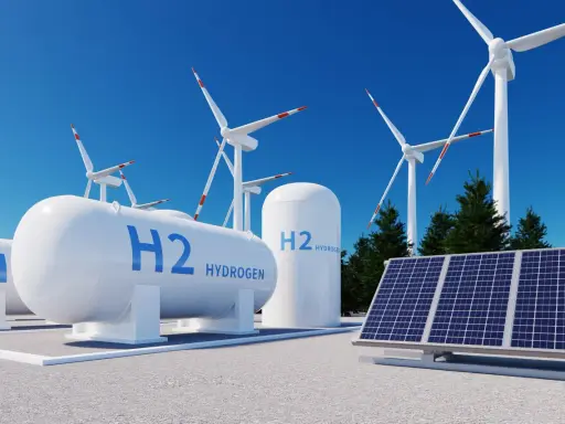 Zbiorniki H2 Hydrogen, panele słoneczne i wiatraki symbolizują przyszłość czystej energii, gdzie energia wodoru odgrywa kluczową rolę.