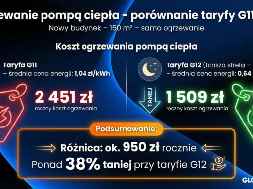 Porównanie kosztów ogrzewania pompą ciepła: Taryfa G11 (2451 zł/rok) vs Taryfa G12 (1509 zł/rok). Oszczędność ponad 38% rocznie przy taryfie G12.