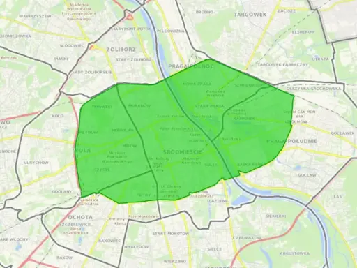 Mapa Warszawy z zaznaczonym obszarem, gdzie obowiązuje zakaz wjazdu diesli.