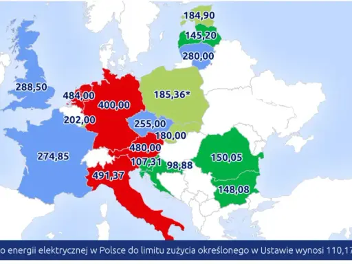 Mapa Europy z zaznaczonymi krajami i ich cenami energii elektrycznej. Najwyższe ceny energii w Europie odnotowano w Niemczech (484,00 EUR/MWh).