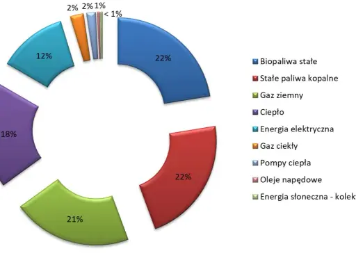 Wykres kołowy pokazuje strukturę zużycia energii w Polsce: 22% gaz ziemny, 22% stałe paliwa kopalne, 21% ciepło, 18% energia elektryczna, 12% biopaliwa stałe, a pozostałe źródła poniżej 2%.