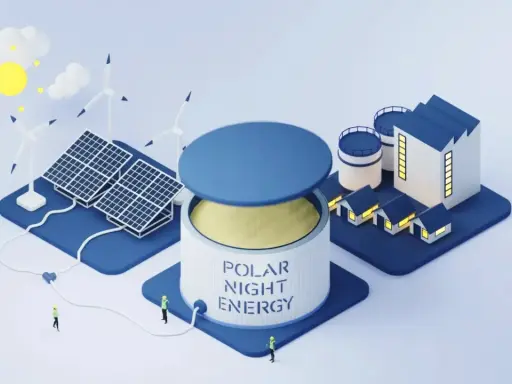 Bateria piaskowa "Polar Night Energy" zasilana przez wiatr i słońce, dostarcza energię do domów i fabryki.