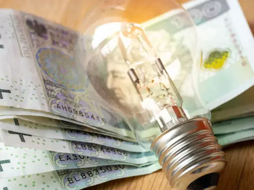 Żarówka leżąca na stosie polskich banknotów 100 zł.