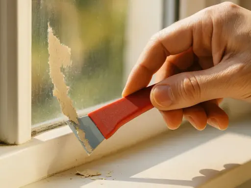 Dłoń zeskrobuje starą farbę lateksową z okna za pomocą skrobaka.