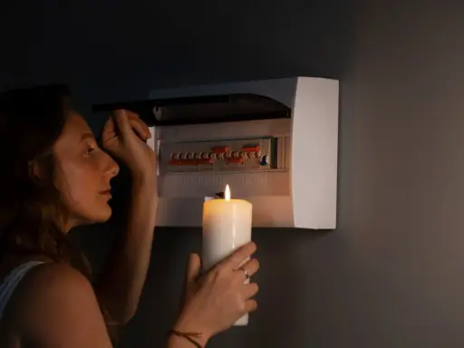 Kobieta z zapaloną świecą przy skrzynce z bezpiecznikami. Czy to black out?
