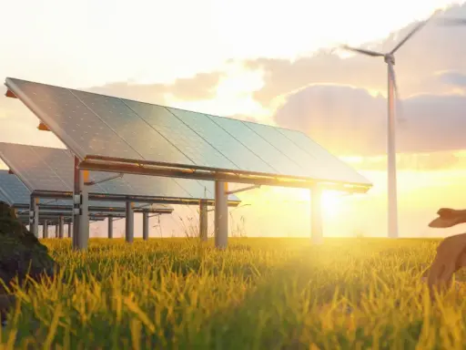 Panele słoneczne i wiatraki na tle zachodzącego słońca. W trawie leży kawałek drewna. To przyszłość energetyki, gdzie cable pooling zapewnia zrównoważony rozwój.