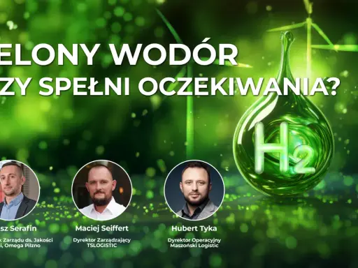 Zielony wodór: czy spełni oczekiwania? Grafika z kroplą H2, wiatrakami i sylwetkami ekspertów.