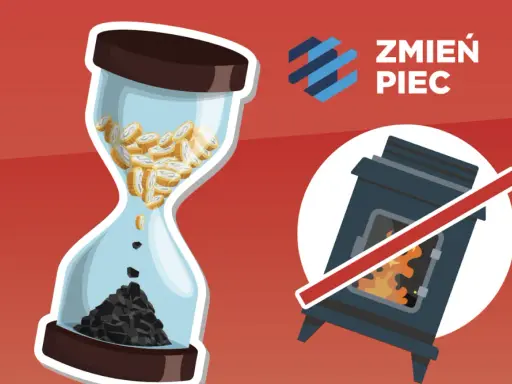 Klepsydra z monetami i węglem symbolizuje czas na wymianę pieca. Ustawa smogowa wzywa do działania.