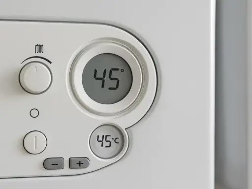Panel sterowania pieca gazowego Vaillant z wyświetlaczem 45°C. Pokrętło regulacji temperatury ustawione na 1. Ekonomiczne ustawienie pieca gazowego Vaillant.