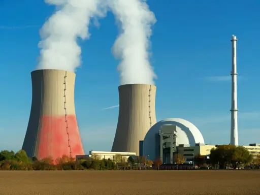 Dwie chłodnie kominowe i kopuła elektrowni konwencjonalnej na tle błękitnego nieba.