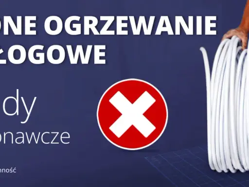 Wodne ogrzewanie podłogowe: błędy wykonawcze. Czerwony znak "X" symbolizuje problemy, a zwój białej rury sugeruje instalację.