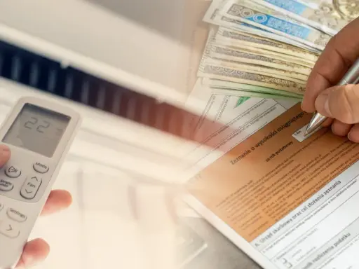 Ręka trzymająca pilot do klimatyzacji, obok stos banknotów i formularz podatkowy. Czy klimatyzację można odliczyć od podatku?
