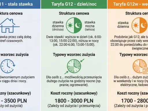 Porównanie taryf energii: G11 (stała), G12 (dzień/noc), G12w (weekendowa). Broker energetyczny pomaga wybrać najlepszą opcję.