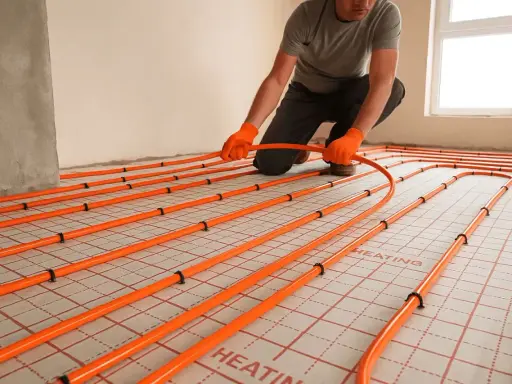 Instalator w pomarańczowych rękawicach układa pomarańczowe rury ogrzewania podłogowego.