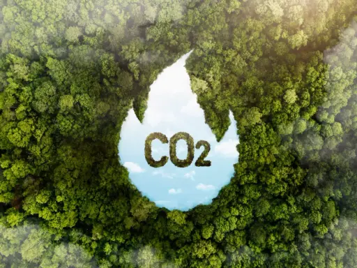 Gęsty las tworzy kształt płomienia, w którym widać niebo i chmury. W środku litery "CO2" uformowane z liści. Zastanawiasz się, ile Polska płaci za emisję CO2?