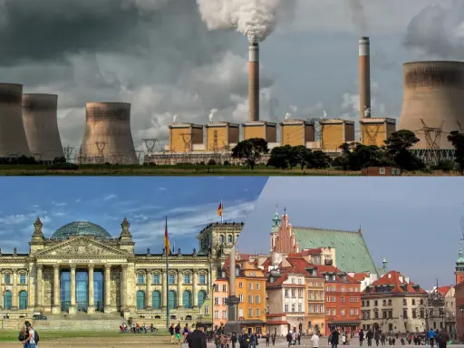 Miks energetyczny Niemiec: chłodnie kominowe elektrowni i budynek Reichstagu w Berlinie.