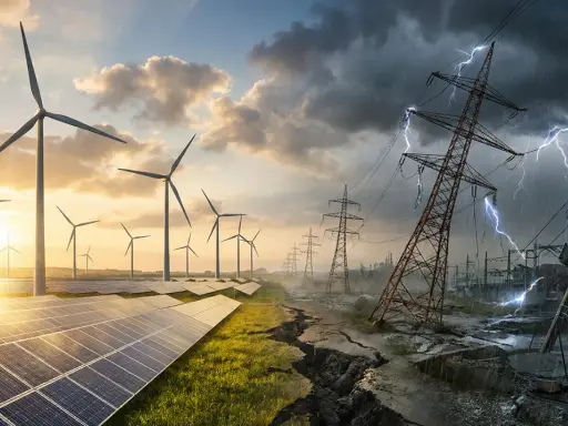 Kontrastowa wizja energetyki w Niemczech: słoneczne farmy i wiatraki po lewej, zniszczone linie energetyczne i burza po prawej.
