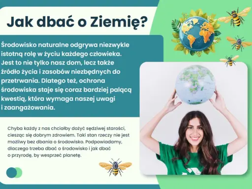 Jak dbać o środowisko? Młoda kobieta z uśmiechem trzyma globus, symbolizując troskę o planetę. Pszczoły i Ziemia w tle podkreślają potrzebę ochrony przyrody.