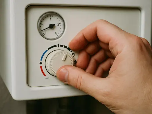 Dłoń reguluje pokrętłem termostat, by obniżyć za wysoka temperaturę na piecu gazowym.
