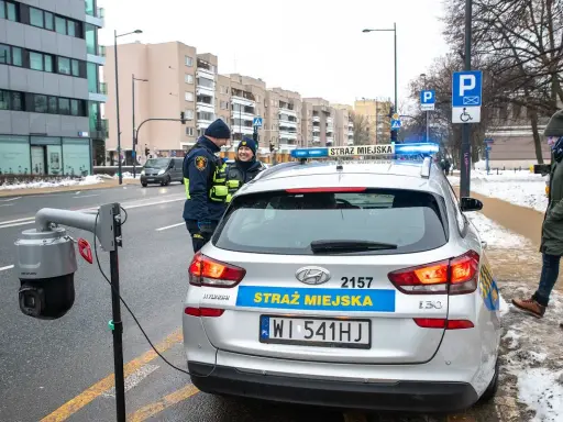 Strażnicy miejscy w Warszawie przy radiowozie i kamerze monitoringu. Dbają o czystą strefę i porządek.