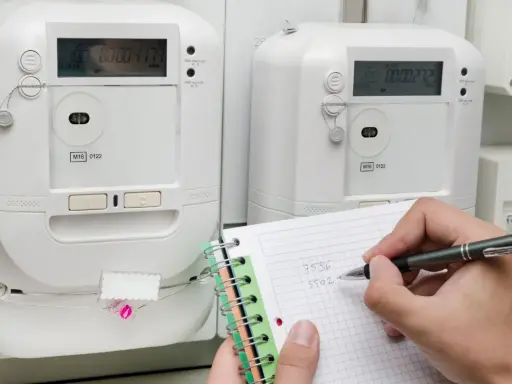 Osoba notuje odczyty liczników energii elektrycznej, przygotowując się do rozliczenia opłaty za przesył prądu.