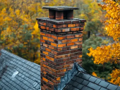 Jesienny komin z cegły na dachu, idealny do wymiany pieca w pomorskim domu.
