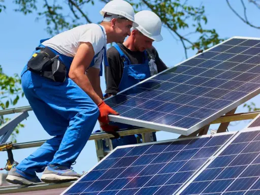Dwóch monterów instaluje panele fotowoltaiczne. Zastanawiasz się, ile to kw? 10 kwp to moc szczytowa instalacji.