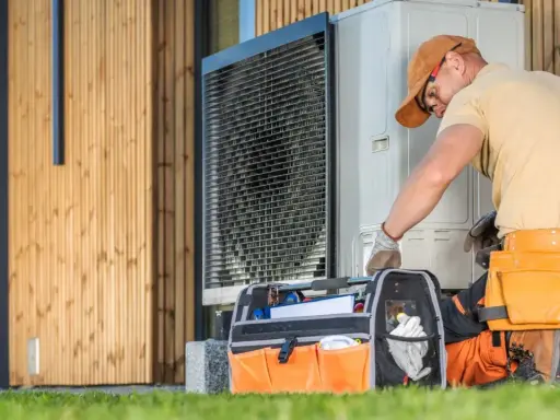 Instalator w pasie narzędziowym sprawdza jednostkę zewnętrzną pompy ciepła przy drewnianym domu.
