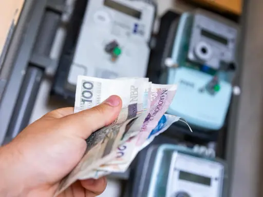 Ręka trzyma polskie banknoty przed licznikami energii. Zastanawiasz się, jak zmienić dostawcę prądu, by oszczędzić?