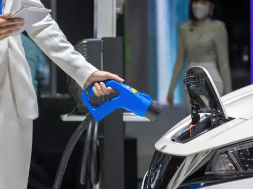 Elektromobilność w zamówieniach publicznych: ładowanie pojazdu elektrycznego. Dłoń trzymająca niebieską wtyczkę ładowarki.
