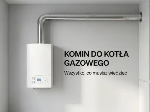 Nowoczesny piec gazowy z metalowym kominem, zamontowany na ścianie. Obok pralka i półka z detergentami.