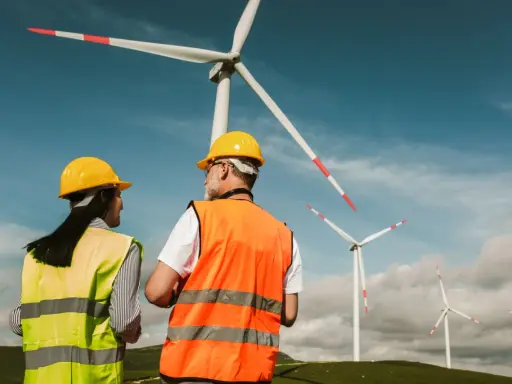 Dwóch pracowników, technik OZE, w kaskach i kamizelkach odblaskowych, obserwuje farmę wiatrową.