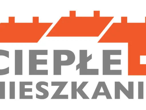 Logo programu "Ciepłe Mieszkanie" z pomarańczowymi dachami i szarym napisem.