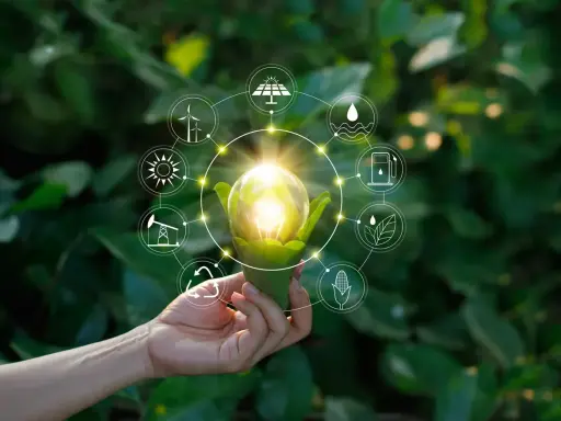 Dłoń trzyma żarówkę z zielonymi liśćmi, otoczoną ikonami symbolizującymi niekonwencjonalne źródła energii: wiatr, słońce, wodę, biomasę i paliwa.