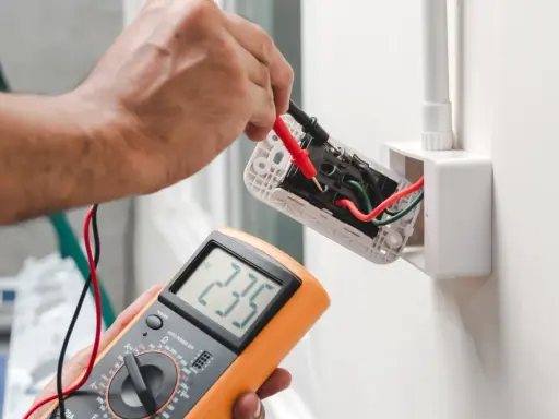Elektryk sprawdza napięcie w gniazdku za pomocą multimetru, pokazując jak liczyć punkt elektryczny.