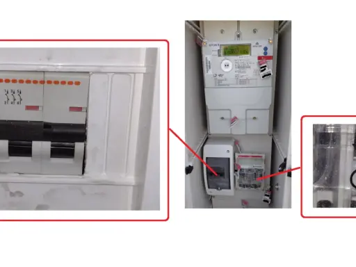 Zabezpieczenie przedlicznikowe to wyłącznik nadprądowy Lovato 32A oraz licznik energii elektrycznej. Widoczny jest też bezpiecznik 50A.