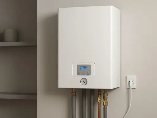 Nowoczesny piec elektryczny do ogrzewania domu, podłączony do gniazdka. Na wyświetlaczu 42 stopnie.