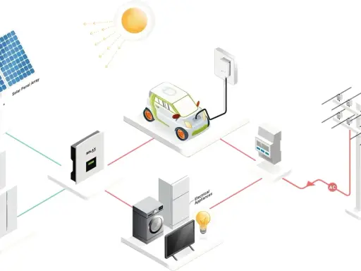 Inteligentne zarządzanie energią: panele słoneczne, samochód elektryczny, domowe urządzenia i sieć energetyczna.