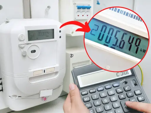 Cyfrowy licznik energii elektrycznej pokazuje zużycie 2005.649 kWh. Obok kalkulator do obliczeń.