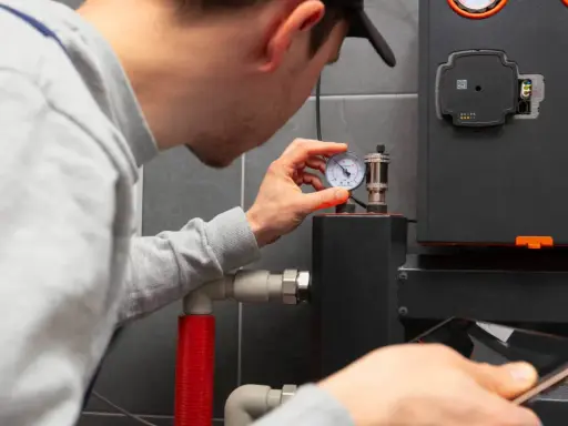 Technik sprawdza manometr kotła gazowego, by dowiedzieć się, jak najlepiej ustawić ogrzewanie gazowe. W ręku trzyma smartfon.