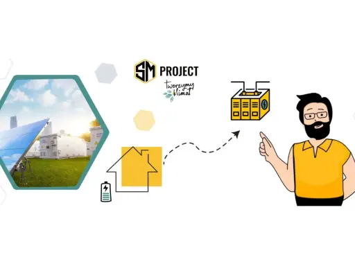 SM Project: panele słoneczne, magazyny energii, dom z baterią i człowiek wskazujący na system. HEMS co to? To zarządzanie energią.