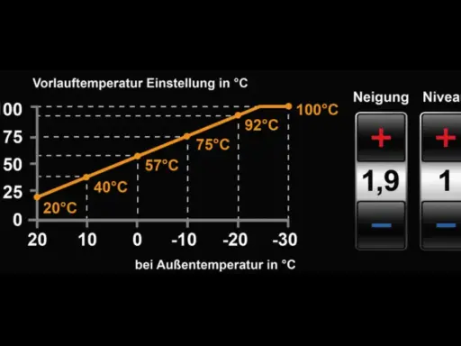 Krzywa grzewcza dla 21 stopni pokazuje zależność temperatury zasilania od temperatury zewnętrznej. Wykres zawiera punkty 20°C, 40°C, 57°C, 75°C, 92°C i 100°C.