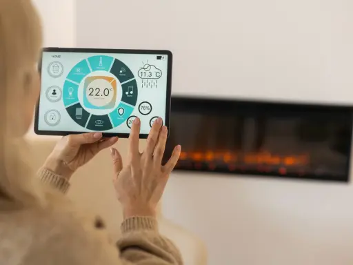 Kobieta steruje inteligentnym domem przez tablet, kontrolując temperaturę i inne funkcje. Widoczny jest ekran z ikonami i wskaźnikami, a w tle kominek.