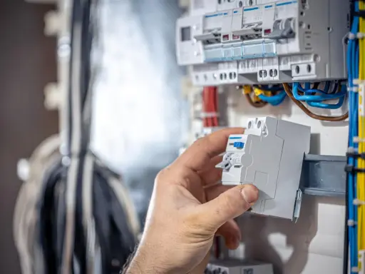 Dłoń montuje bezpiecznik w rozdzielnicy, kluczowy element domowej instalacji elektrycznej.