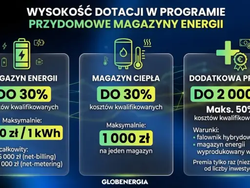 Dofinansowanie do fotowoltaiki: magazyn energii do 30% kosztów, magazyn ciepła do 30%, dodatkowa premia do 2000 zł.