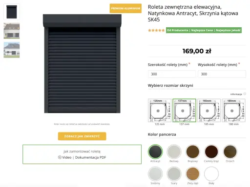 Budowa rolety zewnętrznej elektrycznej w kolorze antracytowym. Wybierz wymiary i kolor pancerza. Instrukcja montażu dostępna wideo i PDF.