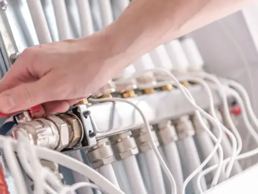 Dłoń reguluje zawór przy rozdzielaczu ogrzewania podłogowego z białymi rurkami.