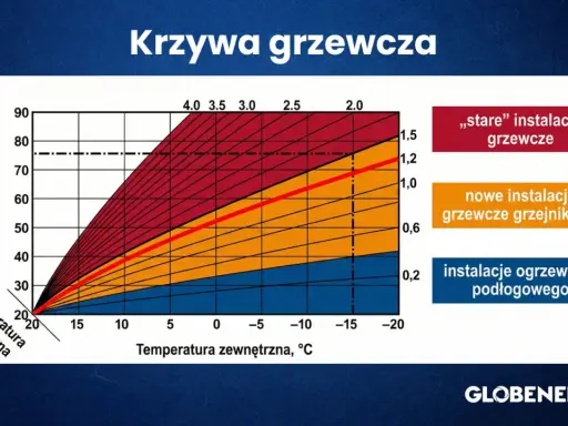 Wykres pokazuje krzywą grzewczą dla grzejników, porównując stare i nowe instalacje z ogrzewaniem podłogowym.
