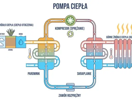 Schemat pompy ciepła: pobiera ciepło z otoczenia (powietrze, woda, ziemia), spręża je i oddaje do ogrzewania. Bezawaryjne pompy ciepła to przyszłość ogrzewania.